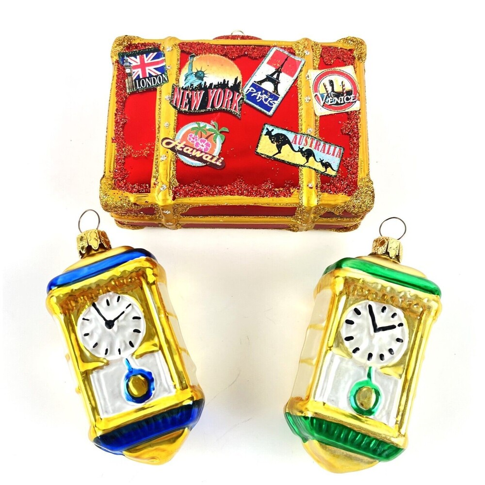 3 VTG Mercury Glass Christmas Ornaments world traveler suitcase Pendulum clocks